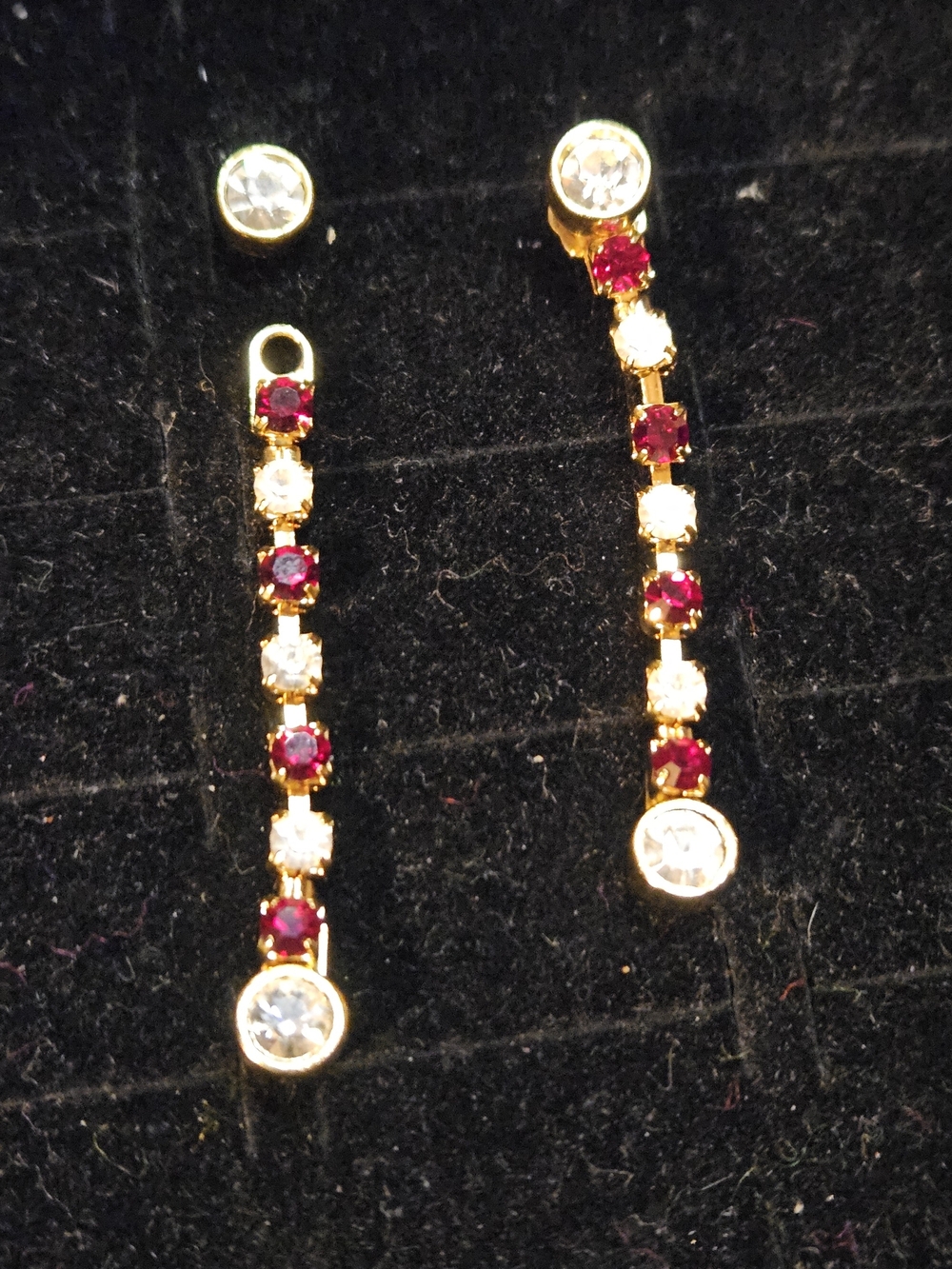 Avon Gold-Tone Linear Drop Earrings with Red and Clear Stones-Circa 1997